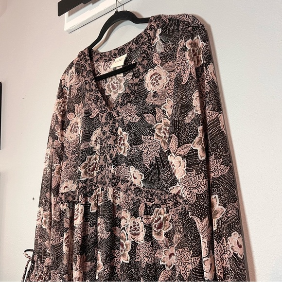 Knox Rose Mini Dress Floral Boho Long Sleeve V-Neck Size Large Brown - Picture 5 of 14